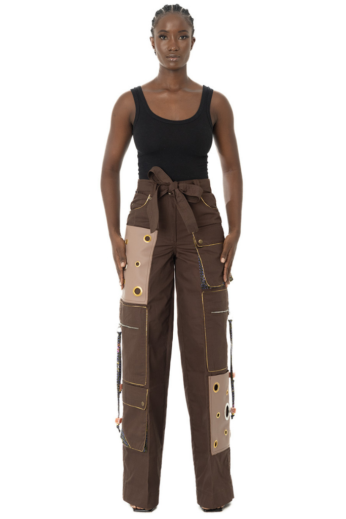 Patch leather pocket cargo pants