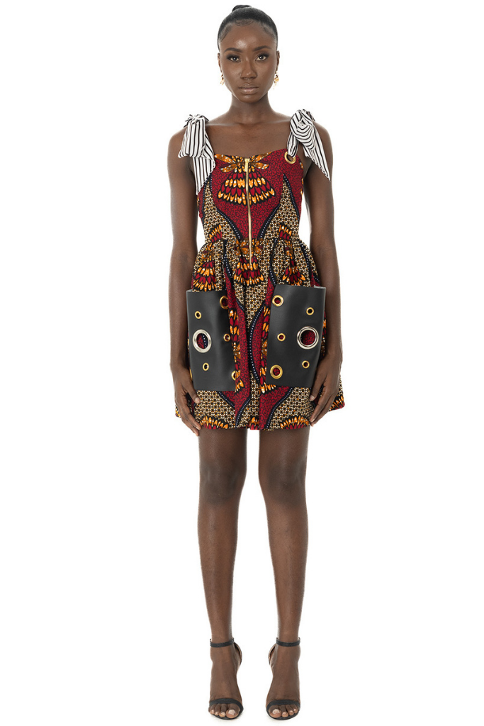 Patch Leather Pocket Dress with Black and White Strap