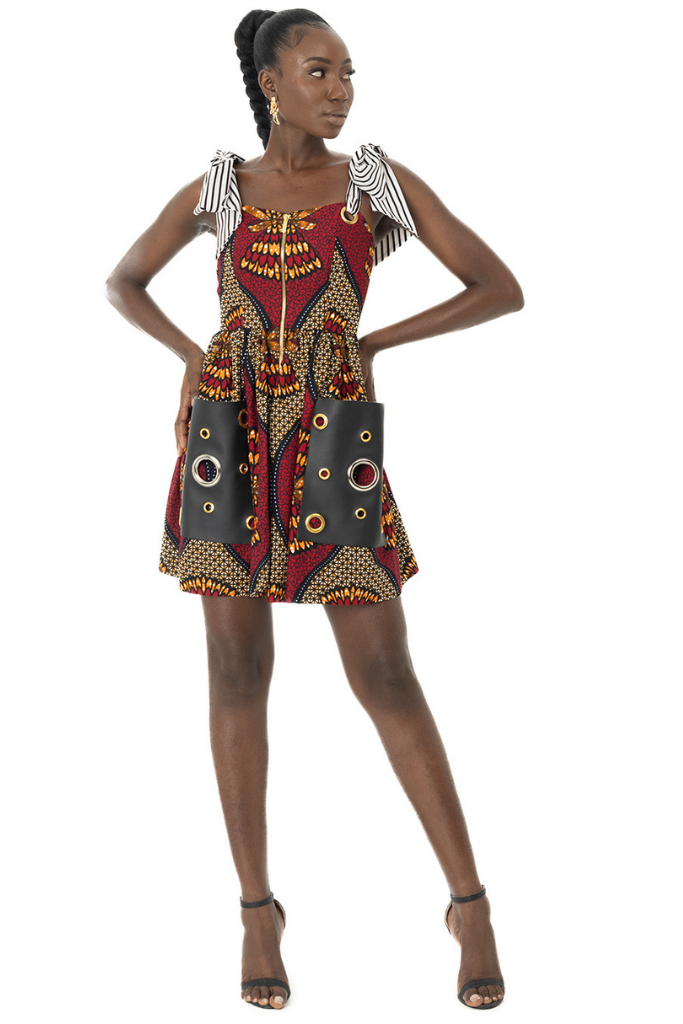 Patch Leather Pocket Dress with Black and White Strap