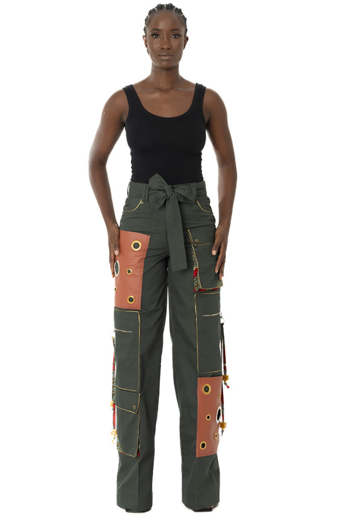 Patch leather pocket cargo pants