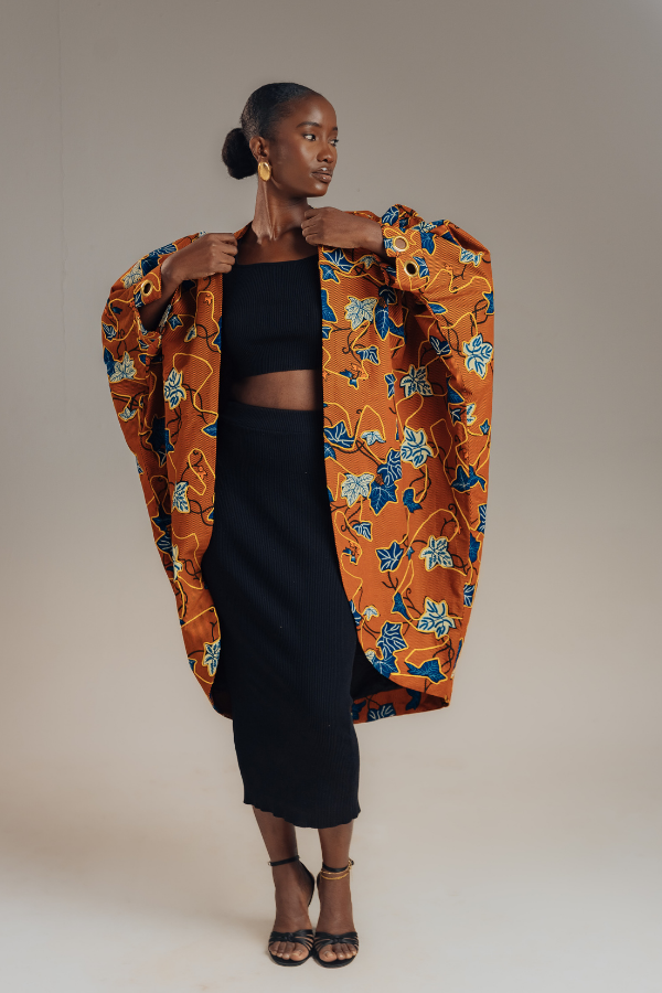 African Print Kimono with Shimmering Cord Detailing