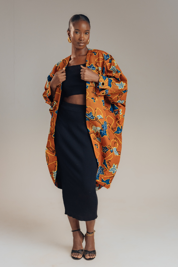 African Print Kimono with Shimmering Cord Detailing