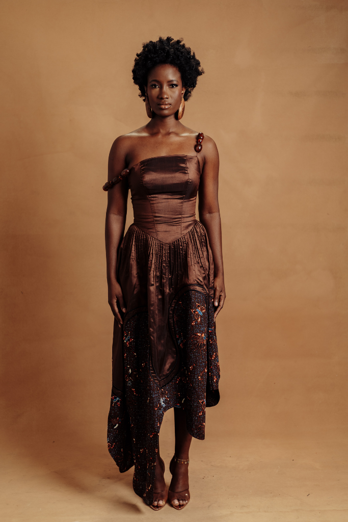 Brown Dress With Beaded Sleeves