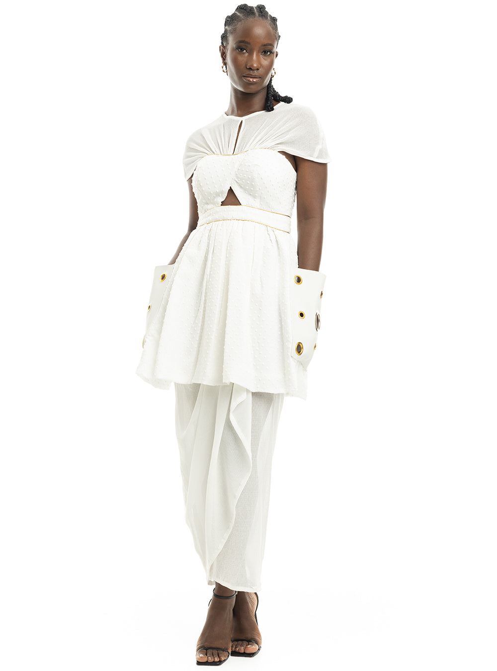 White Patch Leather Pocket Dress